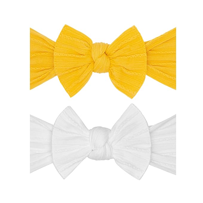 Baby Bling Bows - Newborn to Little Baby Girl Bows, 2 Pack Nylon Super Soft Stretchy Knot Toddler Headbands, Perfect Hair Accessories Head Bands for Infant Kids(Yellow & White)