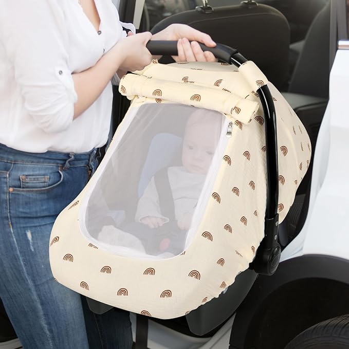 Hooyax Muslin Car Seat Cover Baby - Breathable and Privacy Car Seat Canopy with 3 Modes - Easy Install & Gift Box Packaging, Universal Fit for Infant Car Seats, Rainbow
