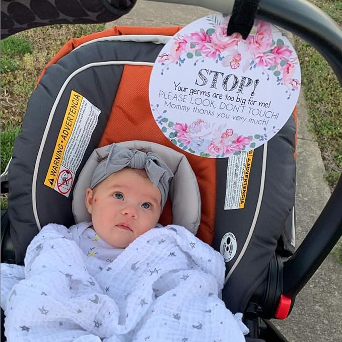 (Three Little Tots) No Touching Baby Car Seat and Stroller Two Pack- Baby Safety No Touching Car Seat Sign, Stroller Sign, Newborn Car Seat Tag- CPSIA Safety Tested (Flower/Rainbow)