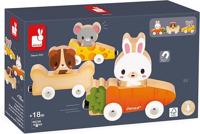 Janod - Pets Wooden Animal Car Train Push and Go Playset - Toddler Playtime - Magnetic Interchangeable Cars - Encourages Imaginative Play - Adorable Animal Characters, Safe Quality Materials