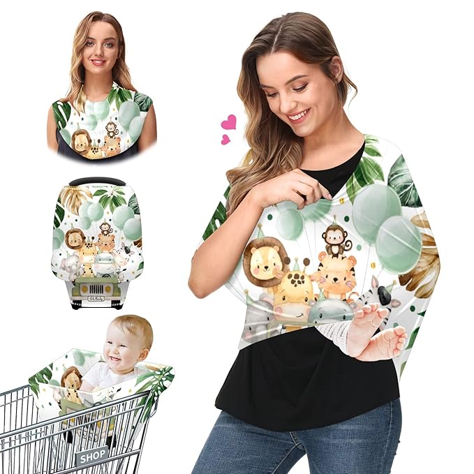 Baby Car Seat Stroller Covers Cute Animals Jungle Greenery Nursing Cover Breastfeeding Scarf Soft Breathable Stretchy Coverage Carseat Canopy Cover for Boys and Girls Soft Breathable Multi Use