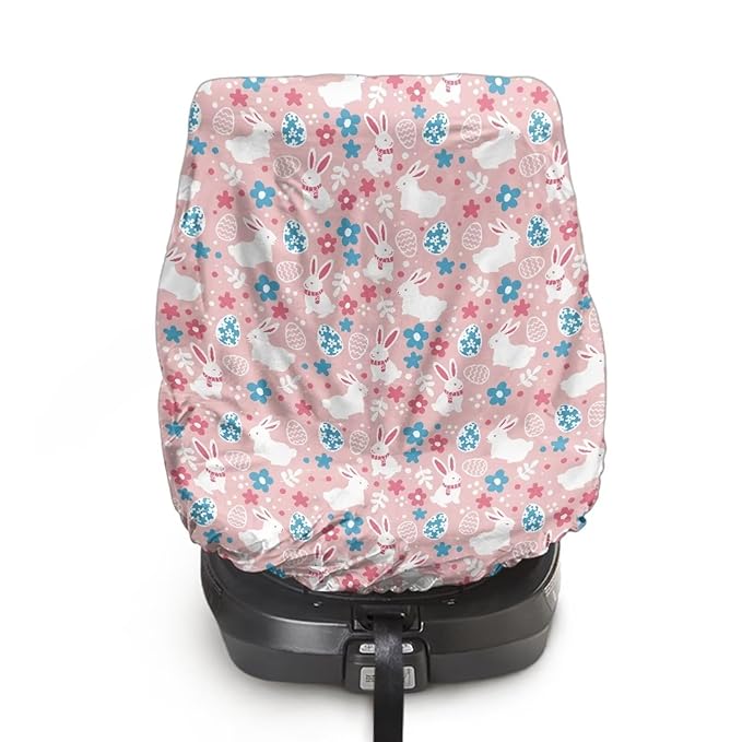 Easter Car Decorations Car Seat Cover Baby Girl Cute Bunny Car Seat Sun Shade Cover Keeps Baby's Carseat at Cooler Temperature, Blocks Out Heat & Sun UV Covers, Pink
