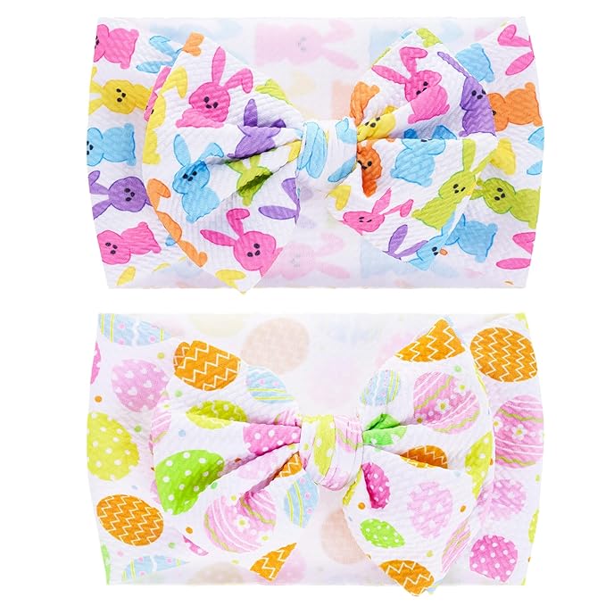 2Pcs Easter Baby Headband Rabbit Egg Easter Hair Bows for Girls Large Easter Bunny Ears Headband Toddler Girls Nylon Hair Accessories Big Bows Hairband