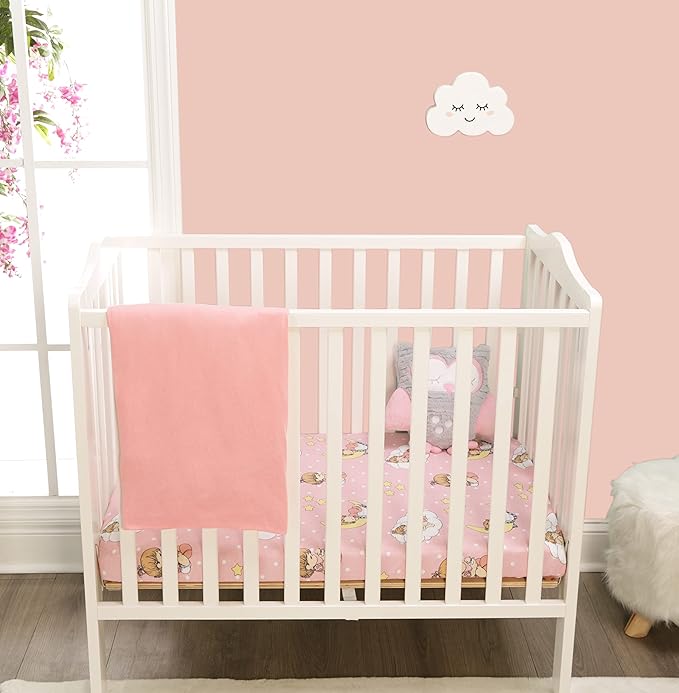 2 Pack n Play Mattress Sheets – 100% Jersey Knit Cotton Soft Portable Crib Mattress Sheet for Girls with Pink and Yellow Precious Moments Design; 2 Pk Playpen Mattress or Mini Crib Fitted Sheet Set