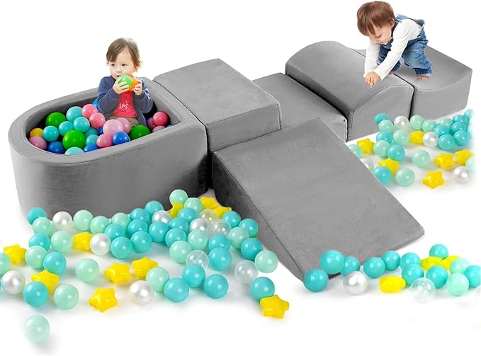Costzon Toddler Climbing Toys Indoor, 5 Pieces Foam Climb and Crawl Playset w/Kids Ball Pit & Detachable Machine-Washable Covers for Playroom Children Room, Soft Play Climbing for Toddlers (Gray)