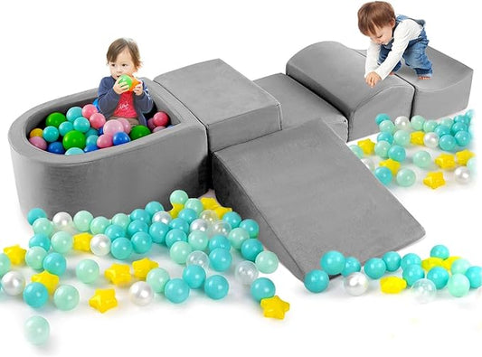 Costzon Toddler Climbing Toys Indoor, 5 Pieces Foam Climb and Crawl Playset w/Kids Ball Pit & Detachable Machine-Washable Covers for Playroom Children Room, Soft Play Climbing for Toddlers (Gray)