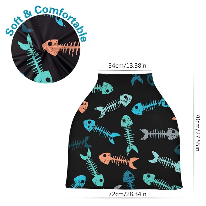 Multicolor Fish Skeleton Bone Skull Tattoo Print On Black Stretchy Baby Car Seat Cover Infant Canopy Nursing Covers Breastfeeding Cover Breathable Windproof Winter Scarf for Boys Girls