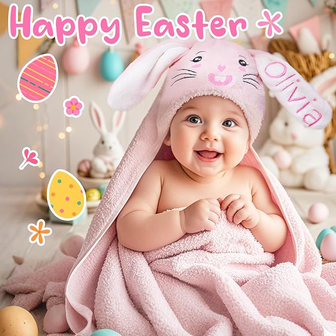 Custom Hooded Baby Towels with Name, Personalized Bunny Easter Gifts for Toddlers, Custom Baby Bath Towels for Newborn, Ultra Soft and Absorbent, Ideal for Girl Boy (Bunny)
