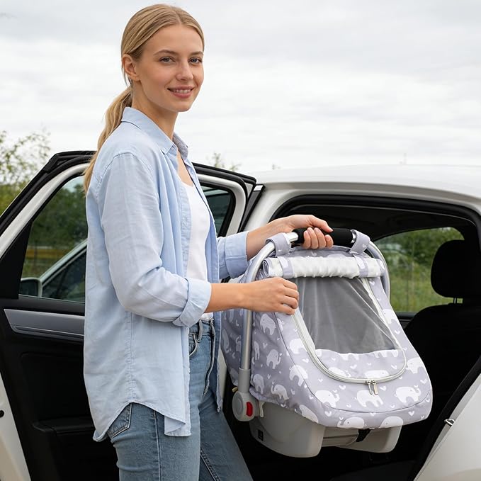Car Seat Cover Baby, Mink Dot Infant Car Seat Cover for Outdoor, Breathable Carseat Cover with Mesh Peep Window & Sun Shade for Summer, Easy Access Baby Carrier Canopy Snug Fit Stroller