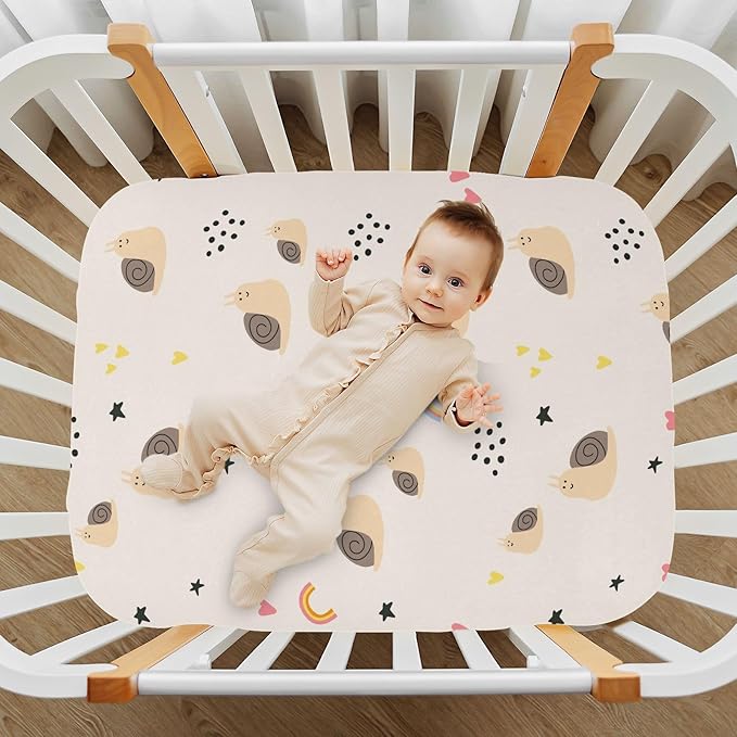 Cute Snail Fitted Crib Sheets Stretchy Portable Playard Sheets for Baby Toddler, Breathable Soft Mini Crib Mattress 52 x 28 in for Boys and Girls