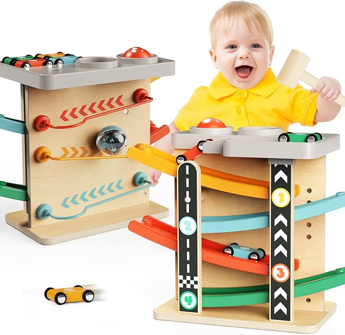 Wooden Car Ramp Race Track 2-in-1 Pound Ball Toddler Toy Ball Drop Baby Toy Set Gift for 1 2 3 Year Old Boys Girls Montessori Developmental Learning Activity Interactive Birthday Present