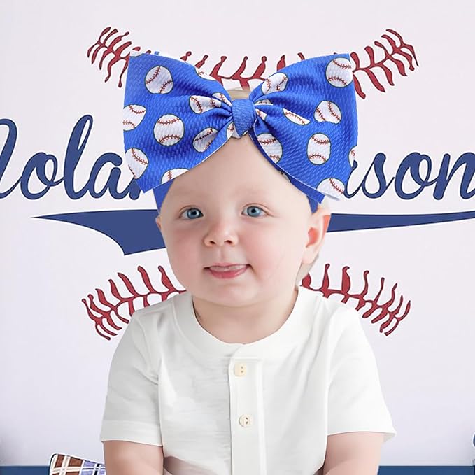 7'' Large Baseball Baby Girl Bows Soft Nylon High Stretchy Headbands for Girl Blue Tied Hairbands with Bows Hair Accessories for Infant Newborn