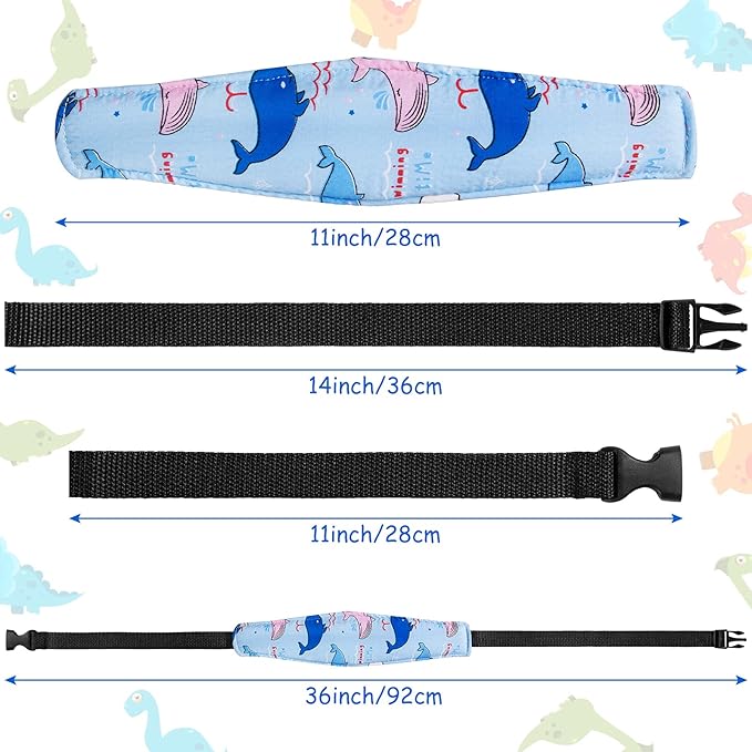 HESTYA 2 Pcs Carseat Head Support Toddler, Stroller Seat Headrest for Sleeping Traveling, Neck Relief Headband Strap for Kids Children Toddler Infant(Dinosaur and Dolphin)