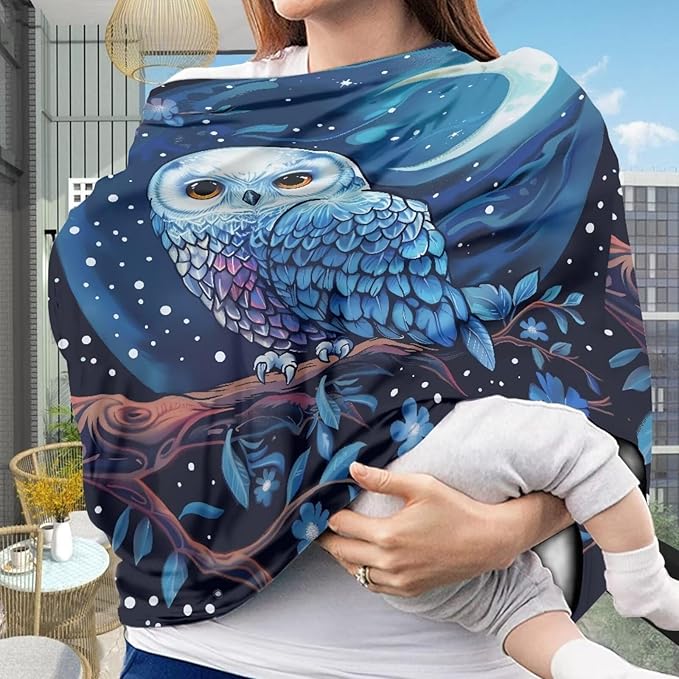 Forchrinse Blue Owl Moon Sky Print Baby Car Seat Canopy,3D Animal Print Nursing Breastfeeding Scarf for/Shopping Cart/High Chair/Stroller Cover
