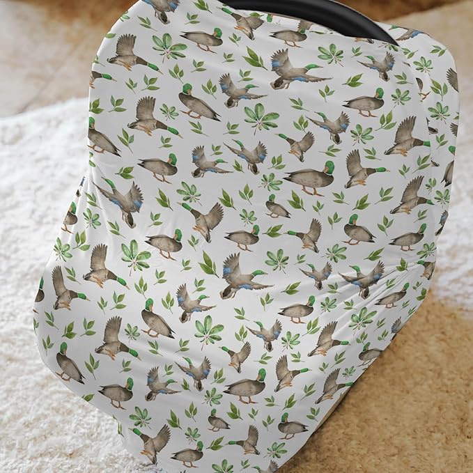 Wild Ducks Green Leaves Car Seat Cover for Babies Green Mallard Ducks Stretchy 5-in-1 Cover Adjustable Car Canopy Cover Duck Hunting Animals Breathable Nursing Cover-Up