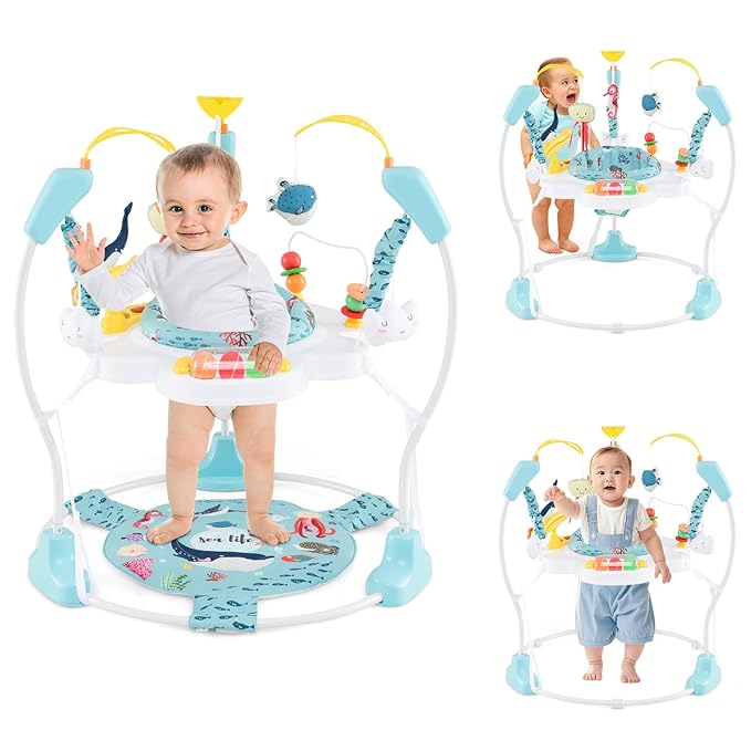 HONEY JOY Baby Bouncer Activity Center, Infant Jumper and Table w/ 360° Rotary Seat, 3 Adjustable Heights, Mat, Music, Lights, Sounds & Developmental Toys, Activity Center for Babies (Light Blue)