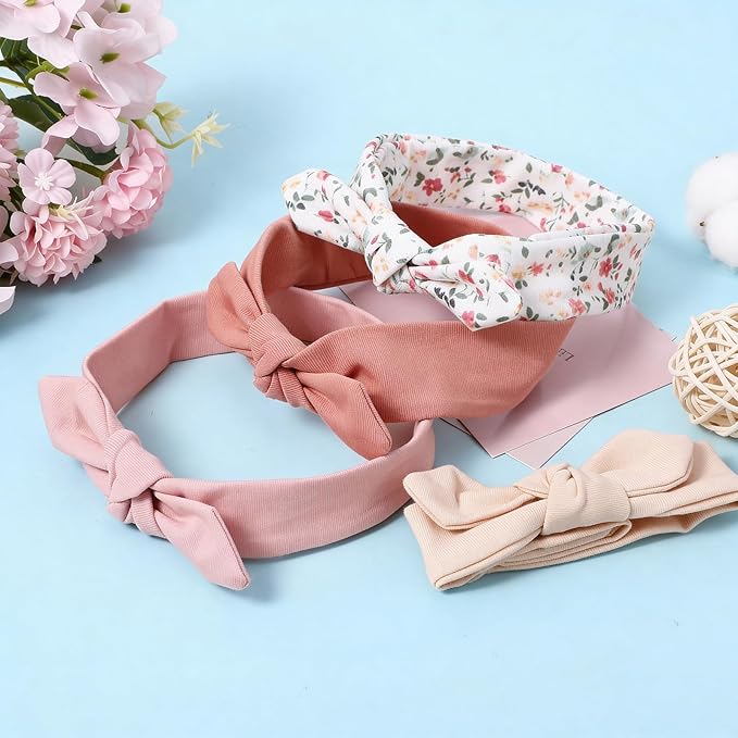 5 Pack Baby Girls Bows Headbands, Soft Polyester Hairbands Handmade Newborn Infant Toddler Hair Accessories Elastic Knot Hairbands with Hair Bows