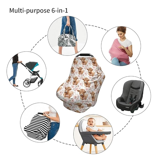 Highland Cow Baby Car Seat Covers Canopy Covers Baby Multi-Use Car Seat Canopy Carrier Cover, Breathable Breastfeeding Cover Boys & Girls