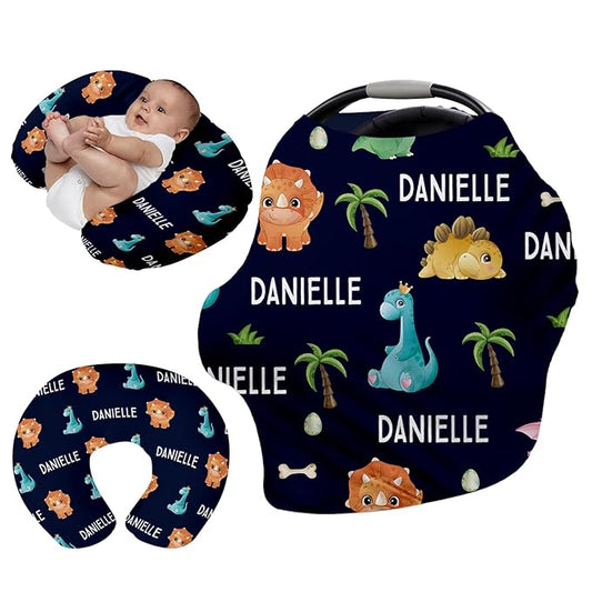 Custom Name Car Seat Canopy - Baby Car Seat Covers, Infant Stroller Cover, Royal Blue Dinosaur Print Carseat Canopy Christmas Birthday Gifts for Girls and Boys(27"x29")