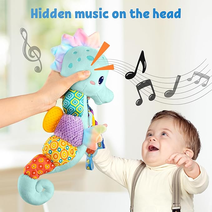 LIGHTDESIRE Baby Toys Musical Seahorse,Infant Stuffed Animal Toys with Crinkle and Rattles,Soft Sensory Toys with Textures for Tummy Time Newborn Boys Girls 0 3 6 12 Months(Blue)
