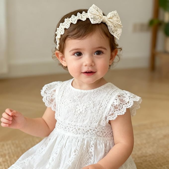 Handmade Baby Girl Headbands in Beige Baby Bows and Floral Lace Headband Bows for Newborns and Toddlers Cute Baby Girl Bows and Newborn Headband Bows