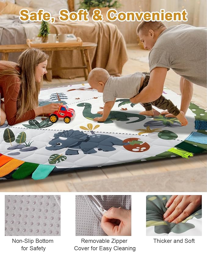 TINYHARBO Premium Foam Baby Play Mat 50x50, 4 Developmental Zones Play Mat with Removable & Machine Washable Cover, Extra Thick Padding Playpen Mat, Easy to Clean for Infants, Toddlers & Babies