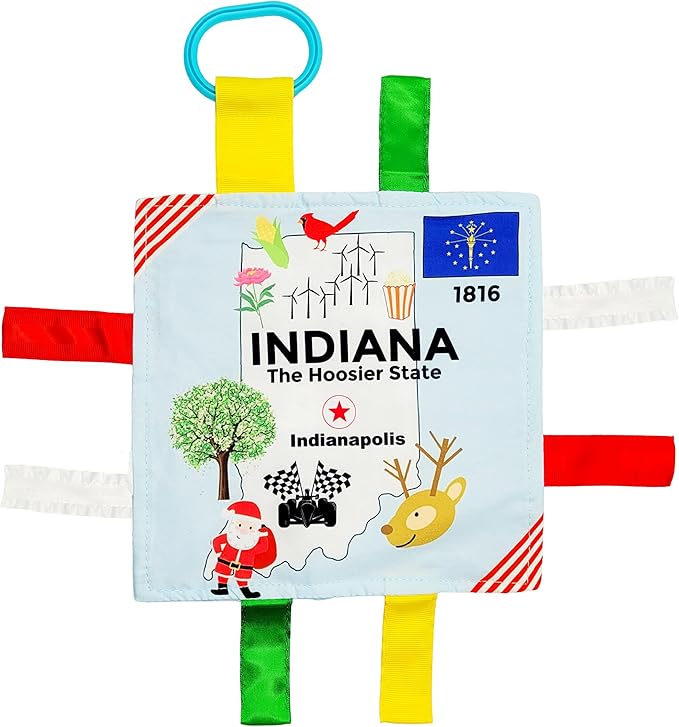 Baby Jack & Co 8x8” Learning Lovey Indiana State Tag Stroller Toy for Babies - Crinkle Toys for Developing Five Senses - Learn About Capitals - Travel with Baby Jack - BPA Free Clip