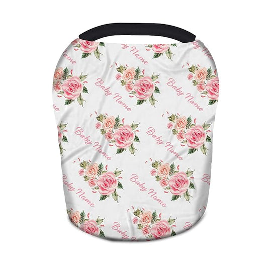 Rose Flower Personalized Baby Car Seat Covers with Name, Custom Nursing Cover Breastfeeding Scarf Soft Breathable Stretchy Coverage, Infant Stroller Cover for Boys Girls