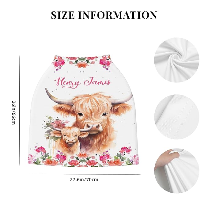 Personalized Car Seat Covers with Name, Highland Cow Baby Canopy Carrier Cover, Breathable Breastfeeding Nursing Cover, Stretchy Multi-Use Infant Carseat Stroller Cover