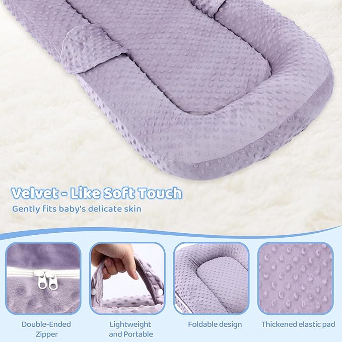 Baby Lounger for Newborn,0-12 months,Foldable Soft Infant Lounger pillow for Home and Travel, Baby Nest Lounger with cover,Multi-Use Portable baby lounger for Supervised Play&Tummy Time, Purple