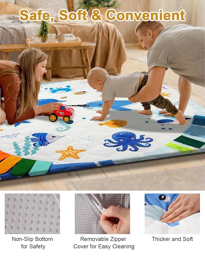 TINYHARBO Premium Foam Baby Play Mat 50x50, 4 Developmental Zones Play Mat with Removable & Machine Washable Cover, Extra Thick Padding Playpen Mat, Easy to Clean for Infants, Toddlers & Babies