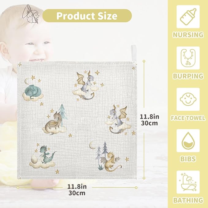 vvfelixl Baby Muslin Washcloths Dragon Baby Babys Burp Cloths Cotton Babys Face Towel for Newborn Infants Boys Girls Soft and Absorbent 11.8 X 11.8 in, 3 Pack