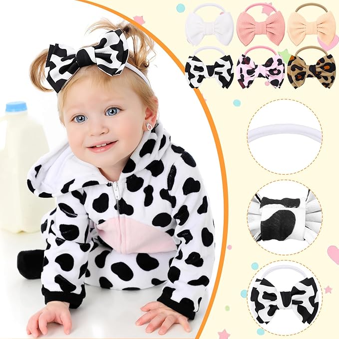 JATEBI 6 PCS Baby Girl Hair Bows Set Checkered Cow Print Bows Headbands for Girls Cowgirl Accessories Newborn Toddler Baby Outfits Cow