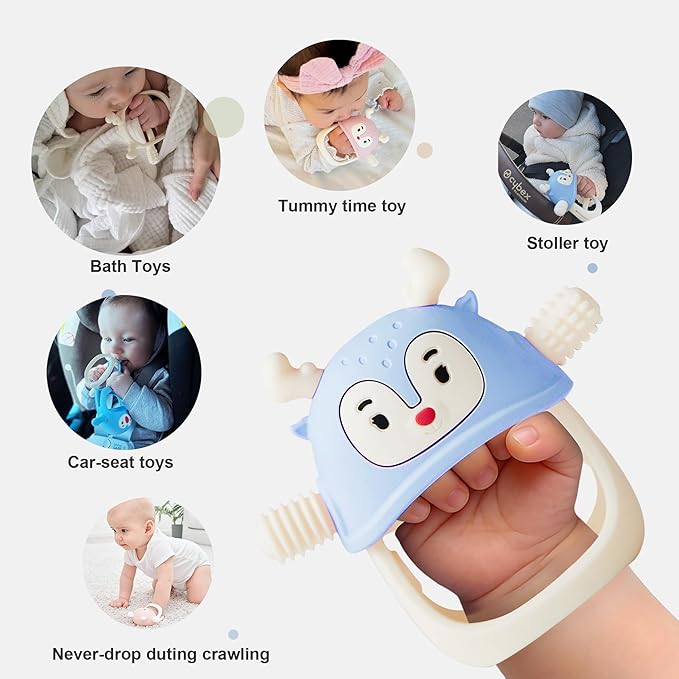 Smily Mia Teething Toys for 0-6Months, Silicone Baby Teethers for 3-6Months, Teething Mitten for 6-12M Baby Teething Relief, Hand Teethers for Infants, Ocean Blue