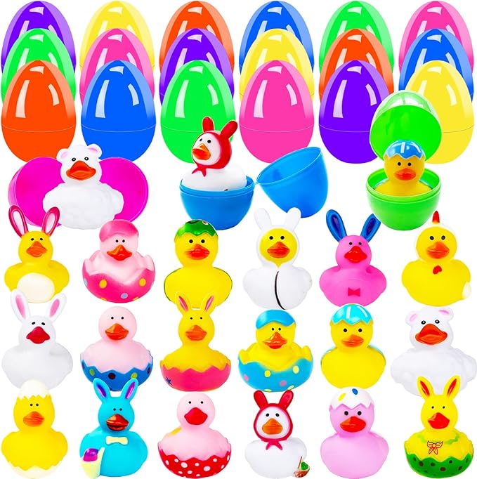 18 Pcs Prefilled Easter Eggs with Bunny Duckies,Bright Colorful Easter Eggs Filled with Rubber Duck,Squeeze Duckies Bunny Bathtub Toys for Easter Basket Stuffers,Bath Toys,Party Favors