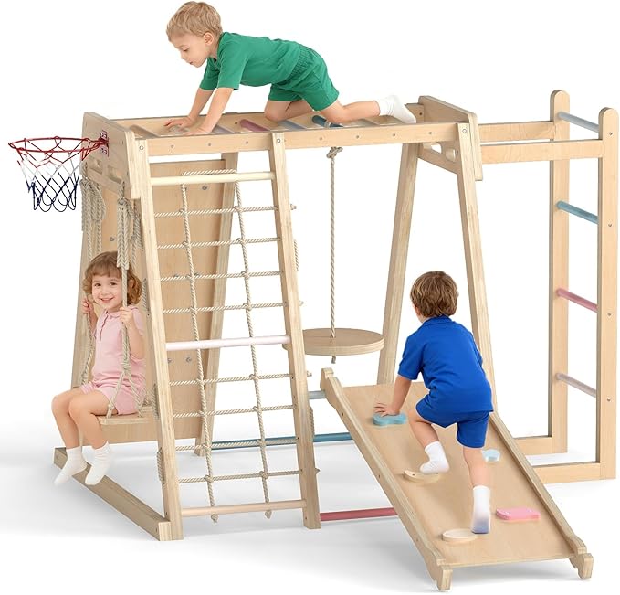 OLAKIDS Indoor Jungle Gym, 9 in 1 Wooden Montessori Baby Climbing Toys with Adjustable 2 Swings Ramp, Monkey Bar Basketball Hoop Ladder Climb Net (Natural)