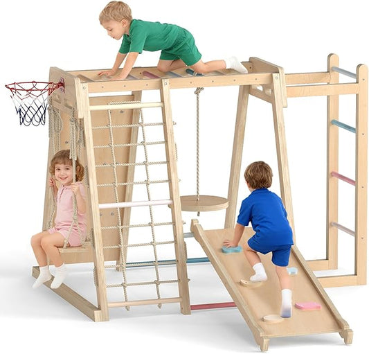 OLAKIDS Indoor Jungle Gym, 9 in 1 Wooden Montessori Baby Climbing Toys with Adjustable 2 Swings Ramp, Monkey Bar Basketball Hoop Ladder Climb Net (Natural)