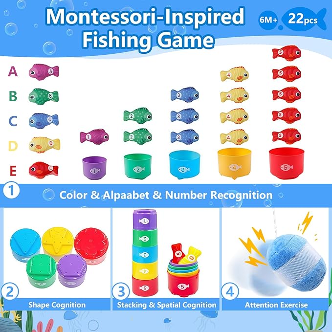 COUOMOXA Montessori Toys for 1 Year Old Baby: 22PCS Cloth Fishing Game with Stacking Cups - 6-12-18 Months Toddler Color Sorting Learning Toy Indoor Outdoor Play for Age 1 2 3 Boy Girl