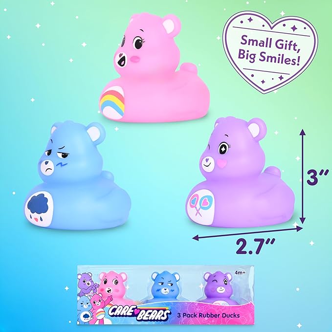 Care Bears Rubber Ducks – Collectible Character Toys for Bath, Gifting, and Car Dashboards – Cheer Bear, Grumpy Bear & Share Bear – 3 Pack
