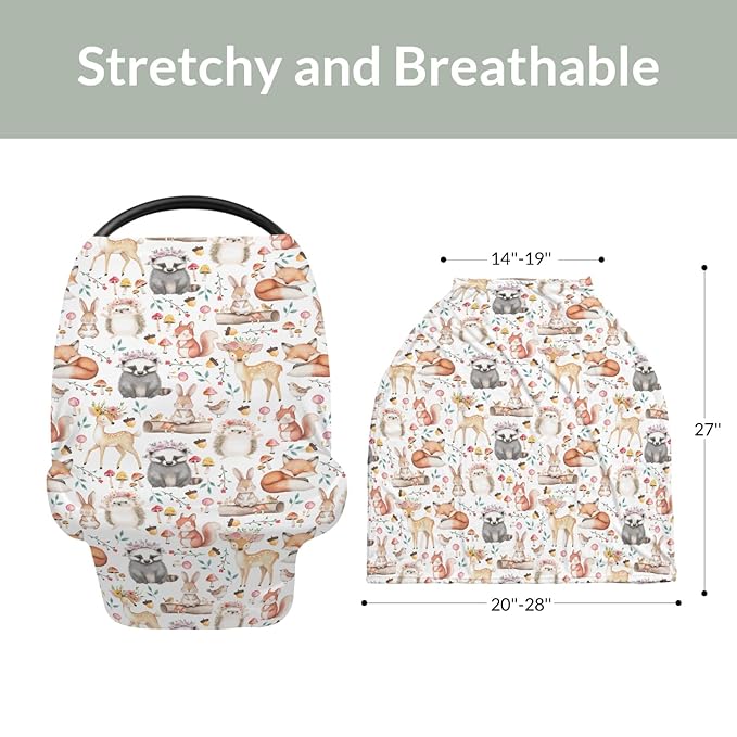 Watercolor Spring Forest Animals Floral Baby Car Seat Covers Deer Hedgehog Squirrel Rabbit Bird Mushroom Stretchy 5-in-1 Cover Adjustable Car Canopy Breastfeeding Covers Breathable Nursing Cover-Up