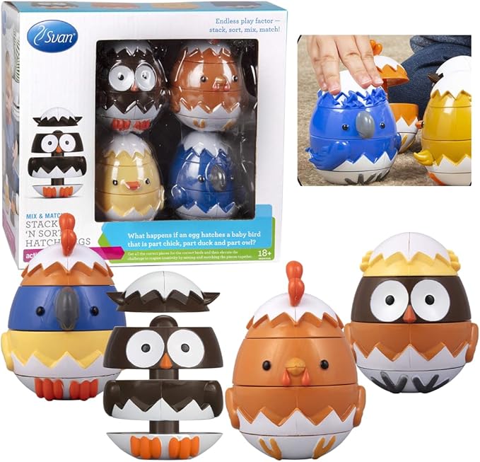 Egg Stacking & Sorting Animal Toys, Mix & Match Hatching Nesting Dolls (4 Farm Friends)- Fine Motor Skill Shape Sorters, Preschool Color Building Game Puzzle- Baby, Toddlers or Kids Montessori Gift