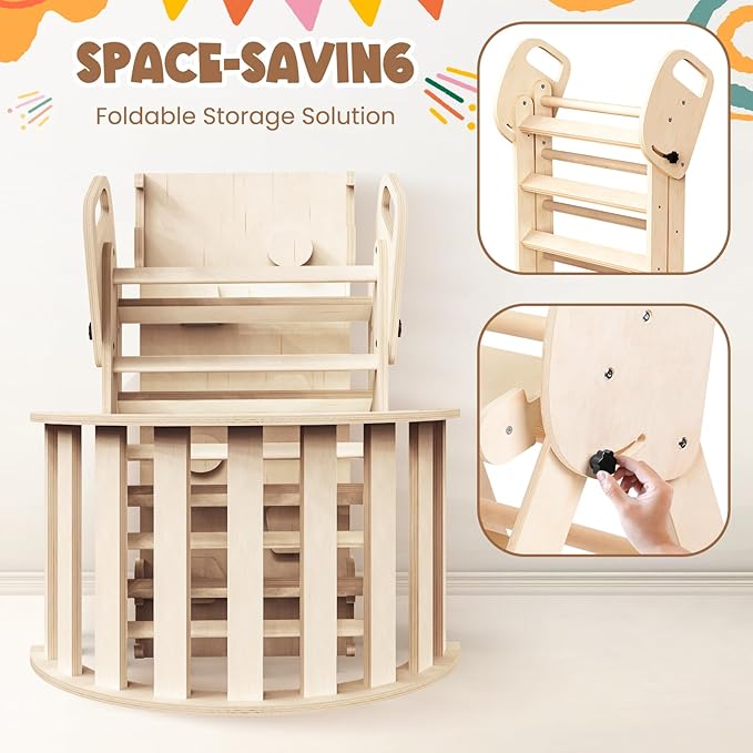 Pikler Triangle Set Foldable Wooden Toddler Climbing Toys Indoor, Playground Jungle Gym for Kids, Montessori Climbing Set for Toddlers