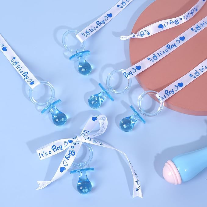 XINHUIDALSQ 36 Baby Shower Pacifiers Necklace, Cute Acrylic Pacifier Necklaces for Baby Shower Games Boy Charm, Party Favors, Decorations DIY, Gender Reveal Table Scatter(Blue)