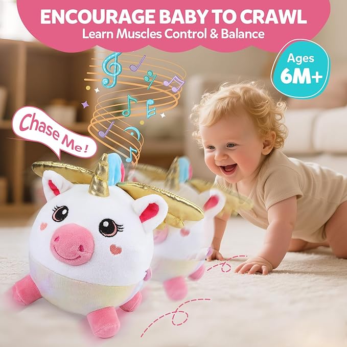 Baby Girl Toys 6-12 Months - Unicorn Crawling & Moving Musical Toy, Vibrating Tummy Time Baby Toy with 48 Songs & Recording, Interactive Gift for 6-12 Month Babies