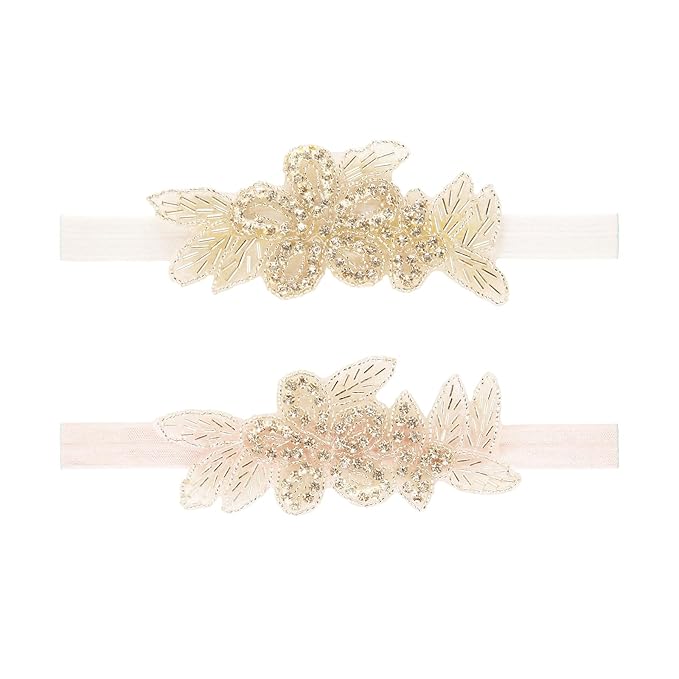 Nishine Girls White Rhinestone Flower Headband Pack Baby Christening Baptism Headband for Baby Shower Wedding Hair Accessories (Leaf Flower-White/Pink)