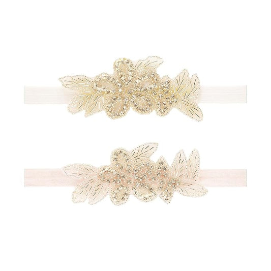Nishine Girls White Rhinestone Flower Headband Pack Baby Christening Baptism Headband for Baby Shower Wedding Hair Accessories (Leaf Flower-White/Pink)