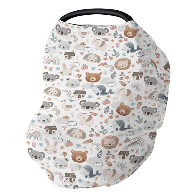 Boho Cute Watercolor Animals Baby Car Seat Covers Bear Lion Koala Bunny Whale Rainbow Floral Stretchy 5-in-1 Cover Adjustable Infant Carseat Canopy Cover Neutral Animal Breathable Nursing Cover-Up