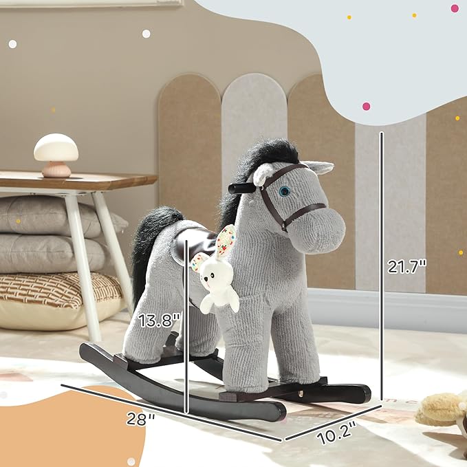 Qaba Rocking Horse, Kids Plush Animal Rocker with Realistic Neighing Sound for Toddlers 2–5 Years Old, Soft Filling Ride on Horse with Rabbit Toy, Gray