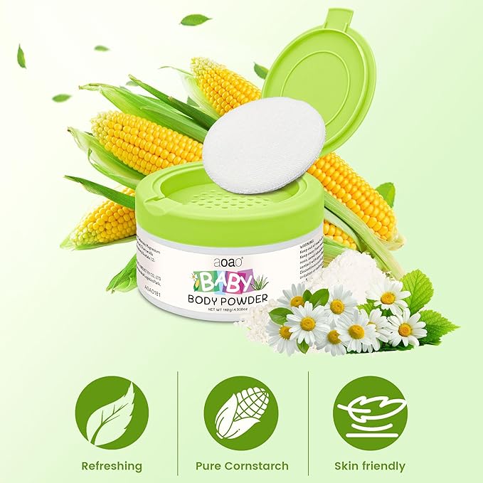 Baby Body Powder with Puff, Talc-Free Cornstarch with Zinc Oxide, Aloe, Vitamin E, Gentle Absorption for Diaper Area & Chafe Protection, Comfort Care for Rash-Prone Skin Wetness & Itch Relief, 5oz