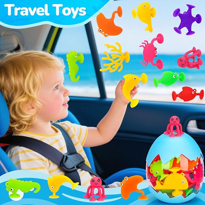 Toddler Suction Cup Bath Toys, Ocean Animal Bath Water Toys for Kids Ages 1-3 3-5 4-8 No Hole Mold Free Bathtub Car Window Toys Travel Trip Essentials for 3 4 5 Year Old Boy Girl Birthday Gift